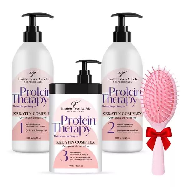 Dreifach starke Proteintherapie für das Haar: Shampoo (1000 g), Conditioner (1000 g) und Feuchtigkeitsspender (1000 g) + Glättungsbürste als Geschenk