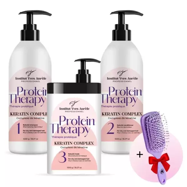 Dreifach starke Proteintherapie für das Haar: Shampoo (1000 g), Conditioner (1000 g) und Feuchtigkeitsspender (1000 g) + Glättungsbürste als Geschenk