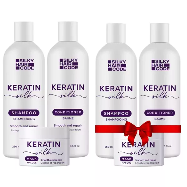 Keratin Silk shampooing, baume et masque - Réparent efficacement les cheveux abîmés + deuxième kit gratuit